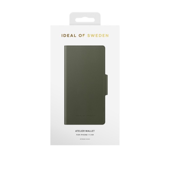 iDeal of Sweden Atelier AW21 Wallet Case priekš Apple iPhone 11 - Intense Khaki - mākslīgās ādas sāniski atverams maciņš ar bamperu uz magnēta