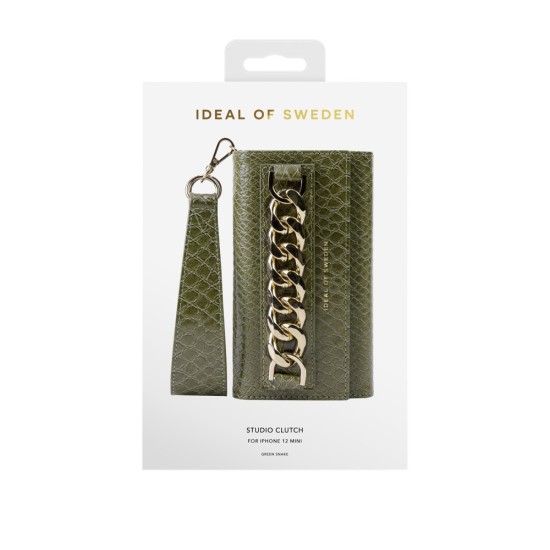 iDeal of Sweden Studio AW20 Clutch priekš Apple iPhone 12 mini - Green Snake - mākslīgās ādas grāmatveida maks rokassomas veidā ar siksniņu
