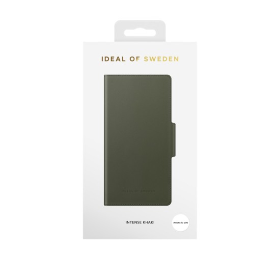 iDeal of Sweden Atelier AW21 Wallet Case priekš Apple iPhone 13 mini - Intense Khaki - mākslīgās ādas sāniski atverams maciņš ar bamperu uz magnēta