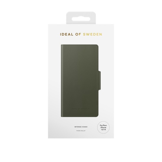 iDeal of Sweden Atelier AW21 Wallet Case priekš Apple iPhone 14 - Intense Khaki - mākslīgās ādas sāniski atverams maciņš ar bamperu uz magnēta