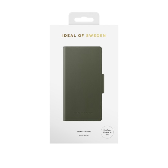 iDeal of Sweden Atelier AW21 Wallet Case priekš Apple iPhone 14 Pro - Intense Khaki - mākslīgās ādas sāniski atverams maciņš ar bamperu uz magnēta