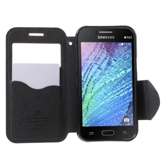 RoarKorea Fancy Diary View Samsung Galaxy J1 J100 Wake/Sleep - Melns - sāniski atverams maciņš ar stendu un lodziņu (ādas maks, grāmatiņa, leather book wallet case cover stand)