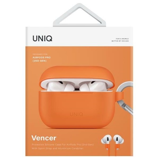Uniq Vencer Case with Silicone Sport Strap priekš Apple Airpods Pro 2 - Oranžs - silikona apvalks bezvadu austiņu lādēšanas ierīcei ar karabīni un silikona auklu
