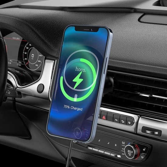 Hoco CA90 MagSafe 15W Wireles QI Charger Air Vent Car Holder - Melns - Universāls stiprinājums turētājs auto ventilācijas režģa ar iebūvētu bezvadu lādētāju