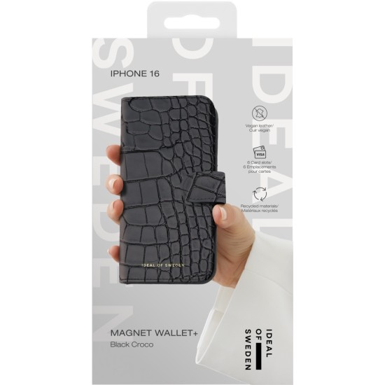 iDeal of Sweden Magnet Wallet+ Case для Apple iPhone 16 - Black Croco - чехол-книжка из искусственной кожи с бампером на магните