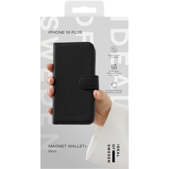 iDeal of Sweden Magnet Wallet+ Case priekš Apple iPhone 16 Plus - Black - mākslīgās ādas sāniski atverams maciņš ar bamperu uz magnēta