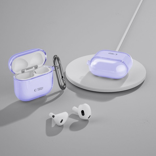 Tech-Protect FlexAir Case priekš Apple Airpods 4 - Caurspīdīgs / Violets - plastikāta apvalks bezvadu austiņu lādēšanas ierīcei ar karabīni