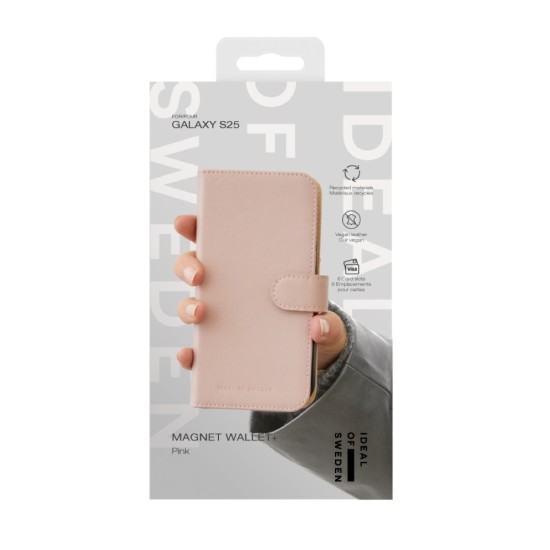 iDeal of Sweden Magnet Wallet+ Case priekš Samsung Galaxy S25 5G S931 - Pink - mākslīgās ādas sāniski atverams maciņš ar bamperu uz magnēta