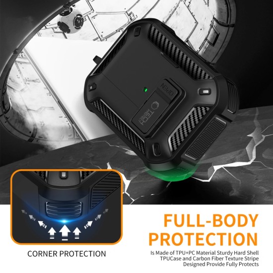 Tech-Protect Carbonox MagSafe Case priekš Apple Airpods Pro 3 - Melns - silikona-plastikāta apvalks bezvadu austiņu lādēšanas ierīcei ar karabīni