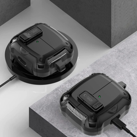 Tech-Protect Carbonox MagSafe Case priekš Samsung Galaxy Buds 3 / Buds 3 Pro - Melns - silikona-plastikāta apvalks bezvadu austiņu lādēšanas ierīcei ar karabīni