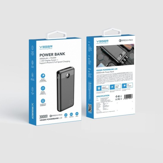 Veger 30000mAh Fast Charging Power Bank QC 3.0 3A / PD 20W 3x USB / 1x USB-C / 1x Micro USB - Melns - Universāla ārējas uzlādes batereja lādētājs-akumulators