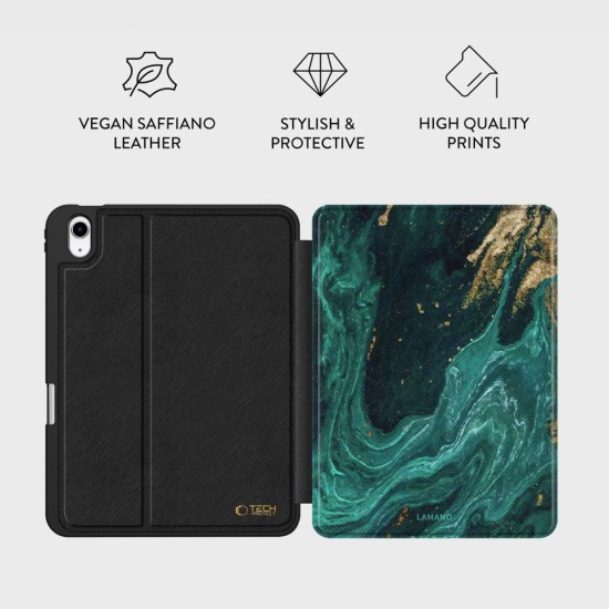 Tech-Protect Lamano Case priekš Apple iPad 10.9 (2022) / 11 (2025) - Zaļš / Marmors - sāniski atverams maciņš ar magnētu un stendu