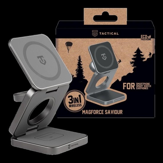 Tactical MagForce Savior 3in1 Wireless Charger 15W for Phone / Watch / Earphones - Pelēks - Universāls induktīvs bezvadu USB lādētājs paliktnis