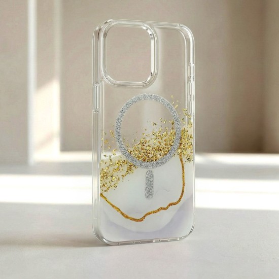 Epoxy MagSafe Back Case priekš Apple iPhone 16 - Zelts / Balts - silikona aizmugures apvalks no epoksīda sveķiem / bampers-vāciņš