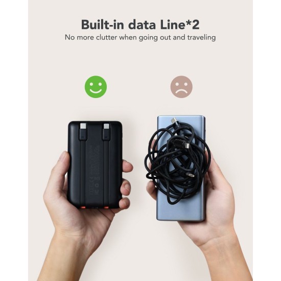 Veger 10000mAh QC 3.0 / PD 22.5W Power Bank with USB-C / Ligtning cable and LED display - Melns - Ārējas uzlādes batereja lādētājs-akumulators (Power Bank)