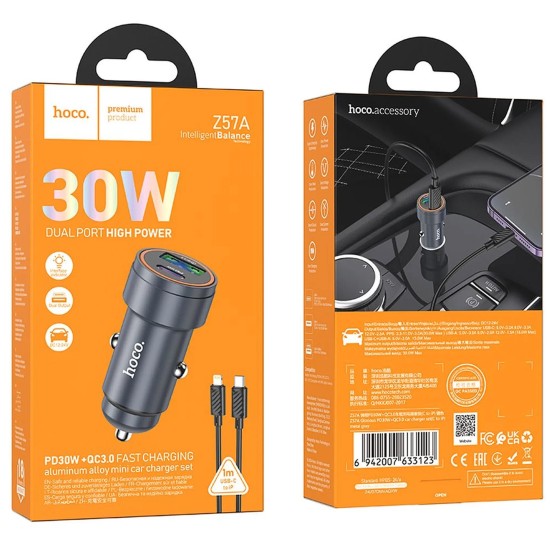 HOCO (Z57A) Car Charger USB / Type-C QC 3.0 / PD 30W with Type-C to Lighning cable - Melns - USB un Type-C Auto lādētājs telefoniem ar Ligtning vadu