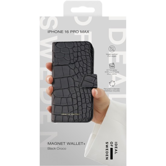 iDeal of Sweden Magnet Wallet+ Case with MagSafe priekš Apple iPhone 17 Pro / 18 Pro - Black Croco - mākslīgās ādas sāniski atverams maciņš ar bamperu uz magnēta