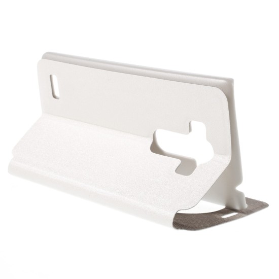 Sand-like Texture Leather Stand Case for LG G4 Beat / G4S H735 Window View - White - sāniski atverams maciņš ar lodziņu un stendu (ādas maks, grāmatiņa, leather book wallet case cover stand)
