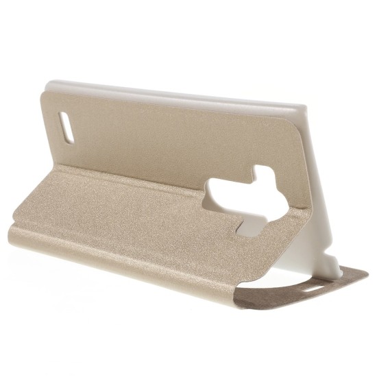 Sand-like Texture Leather Stand Case for LG G4 Beat / G4S H735 Window View - Gold - sāniski atverams maciņš ar lodziņu un stendu (ādas maks, grāmatiņa, leather book wallet case cover stand)
