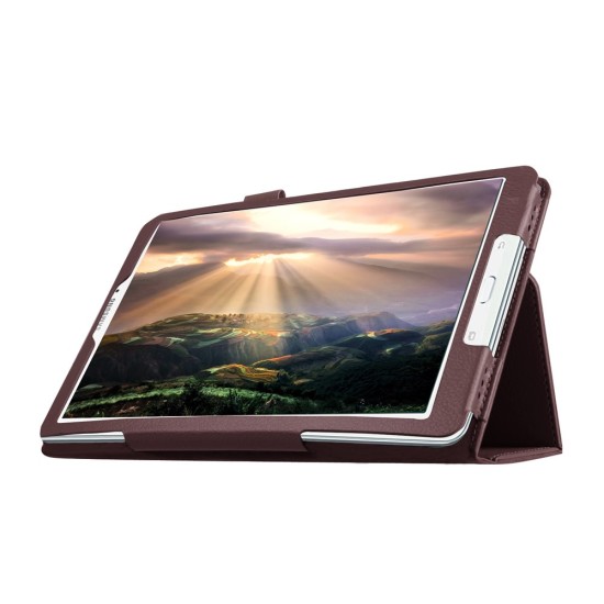 Litchi Skin Leather Stand Case for Samsung Galaxy Tab E 9.6-inch T560 / T561 - Brown - sāniski atverams maciņš ar stendu (ādas maks, grāmatiņa, leather book wallet case cover stand)