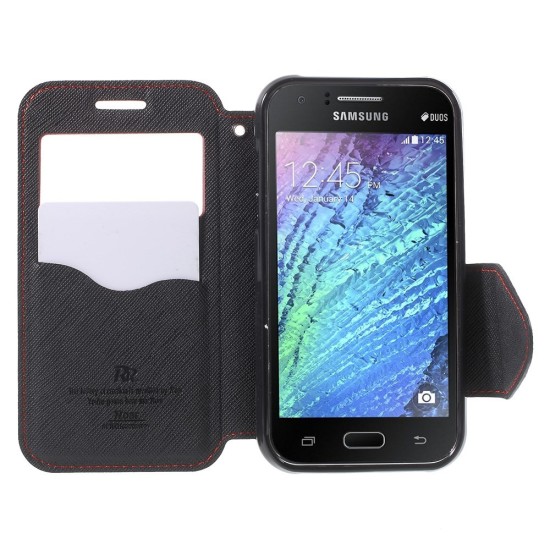 RoarKorea Fancy Diary View Samsung Galaxy J1 J120 (2016) - Sarkans - sāniski atverams maciņš ar stendu un lodziņu (ādas maks, grāmatiņa, leather book wallet case cover stand)