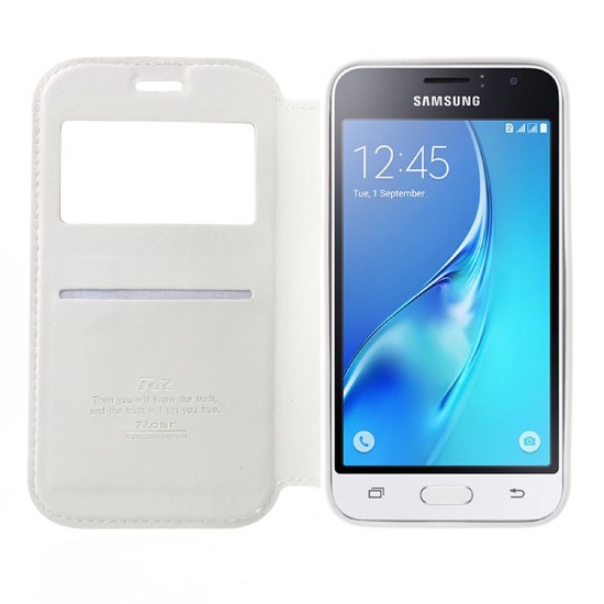 RoarKorea Noble View Samsung Galaxy J1 J120 (2016) - Balts - sāniski atverams maciņš ar stendu un lodziņu (ādas maks, grāmatiņa, leather book wallet case cover stand)