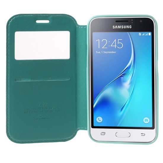 RoarKorea Noble View Samsung Galaxy J1 J120 (2016) - Tirkīzs - sāniski atverams maciņš ar stendu un lodziņu (ādas maks, grāmatiņa, leather book wallet case cover stand)
