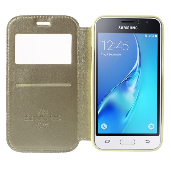 RoarKorea Noble View Samsung Galaxy J1 J120 (2016) - Zelts - sāniski atverams maciņš ar stendu un lodziņu (ādas maks, grāmatiņa, leather book wallet case cover stand)