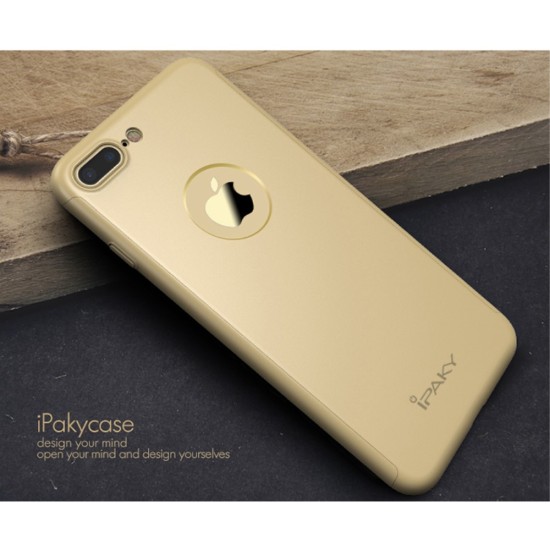 IPAKY Full Protection Hard Cover with Glass (Logo Cutout) priekš Apple iPhone 7 Plus - Zelts - plastikas aizmugures apvalks ar aizsardzības stiklu (bampers, vāciņš, PU back cover, bumper shell)