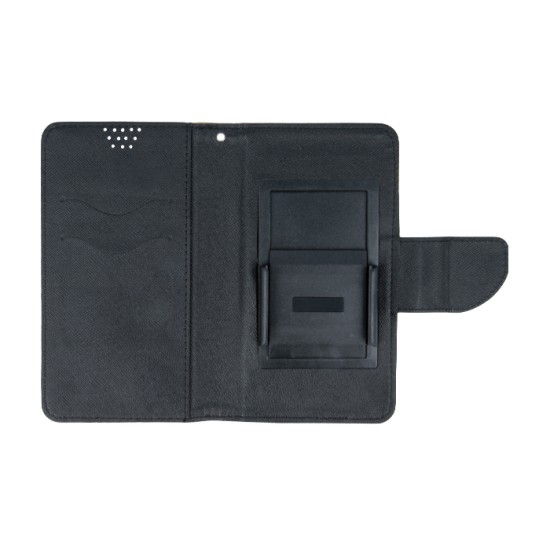 GreenGo Universal Smart Fancy priekš telefoniem ar ekrānu izmēru 4.5 - 5.0 inch (69 x 141 mm) - Zelts/Melns - universāls sāniski atverams maciņš ar stendu (ādas maks, grāmatiņa, leather book wallet case cover stand)