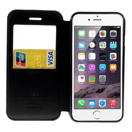 RoarKorea Noble View priekš Apple iPhone 6 Plus / 6S Plus - Melns - sāniski atverams maciņš ar stendu un lodziņu (ādas maks, grāmatiņa, leather book wallet case cover stand)