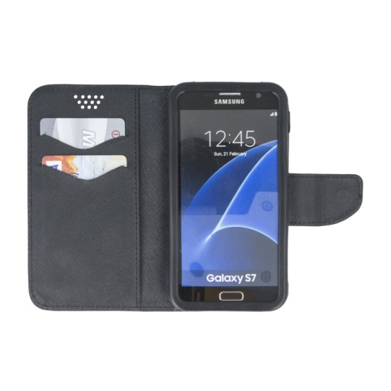 GreenGo Universal Silicon Smart Fancy priekš telefoniem ar ekrānu izmēru 5.5 inch (87 x 159 mm) - Melns - universāls sāniski atverams maciņš ar stendu (ādas maks, grāmatiņa, leather book wallet case cover stand)