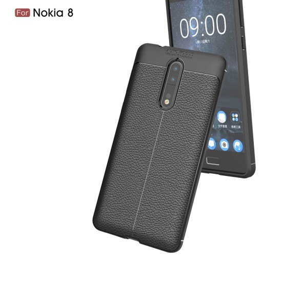 Litchi Skin PU Leather Coated TPU Mobile Phone Case priekš Nokia 8 - Melns - ādas imitācijas triecienizturīgs silikona aizmugures apvalks (maciņš, bampers, vāciņš, slim cover, bumper, back case)