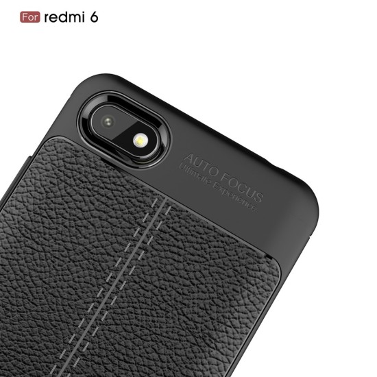 Litchi Skin PU Leather Coated TPU Mobile Phone Case priekš Xiaomi Redmi 6A - Melns - ādas imitācijas triecienizturīgs silikona aizmugures apvalks (maciņš, bampers, vāciņš, slim cover, bumper, back case)