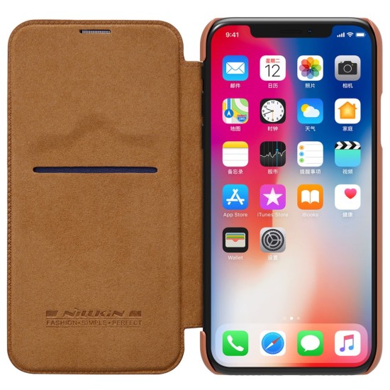 NILLKIN Qin Series Card Holder Leather Flip Case priekš Apple iPhone XR - Brūns - sāniski atverams maciņš (ādas maks, grāmatiņa, leather book wallet case cover)