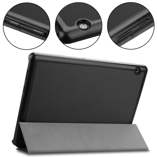 Tri-fold Stand PU Smart Auto Wake/Sleep Leather Case priekš Huawei MediaPad T5 10.1 - Melns - sāniski atverams maciņš ar stendu