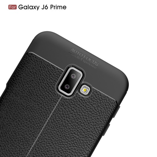 Litchi Skin PU Leather Coated TPU Mobile Phone Case for Samsung Galaxy J6 Plus (2018) J610 - Melns - ādas imitācijas triecienizturīgs silikona aizmugures apvalks (maciņš, bampers, vāciņš, slim cover, bumper, back case)