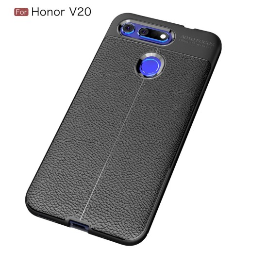Litchi Skin PU Leather Coated TPU Mobile Phone Case priekš Huawei Honor View 20 - Melns - ādas imitācijas triecienizturīgs silikona aizmugures apvalks (maciņš, bampers, vāciņš, slim cover, bumper, back case)