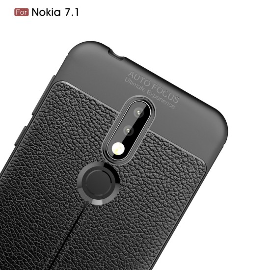 Litchi Skin PU Leather Coated TPU Mobile Phone Case priekš Nokia 7.1 (2018) - Melns - ādas imitācijas triecienizturīgs silikona aizmugures apvalks (maciņš, bampers, vāciņš, slim cover, bumper, back case)