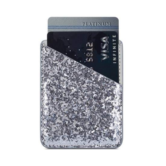 Glittery Sequins PU Leather Adhesive Stick-on Credit / ID Card Holder - Sudrabains - uzlika / kredīt vai ID karšu turējājs