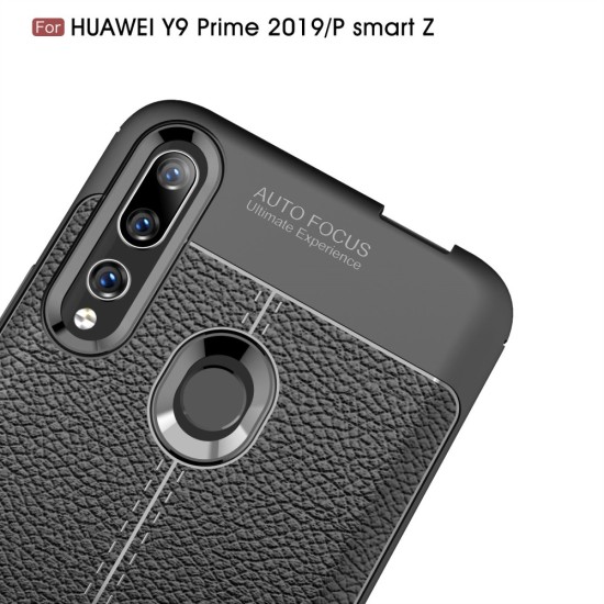Litchi Skin PU Leather Coated TPU Mobile Phone Case priekš Huawei P Smart Z / Honor 9X - Melns - ādas imitācijas triecienizturīgs silikona aizmugures apvalks (maciņš, bampers, vāciņš, slim cover, bumper, back case)