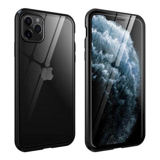 Magnetic Full Glass Back Case priekš Apple iPhone XR - Melns - alumīnija bampers ar priekšējo un aizmugurējo aizsargstiklu