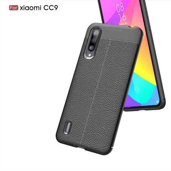 Litchi Skin PU Leather Coated TPU Mobile Phone Case priekš Xiaomi Mi 9 Lite - Melns - ādas imitācijas triecienizturīgs silikona aizmugures apvalks (maciņš, bampers, vāciņš, slim cover, bumper, back case)