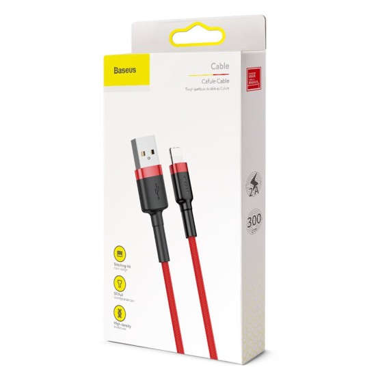Baseus 3M Cafule 2A USB to Lightning cable - Sarkans - Apple iPhone / iPad lādēšanas un datu kabelis / vads