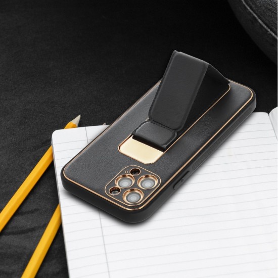 Forcell Leather Back Case with Kickstand priekš Apple iPhone 13 - Melns - mākslīgās ādas aizmugures apvalks ar stendu / bampers-vāciņš