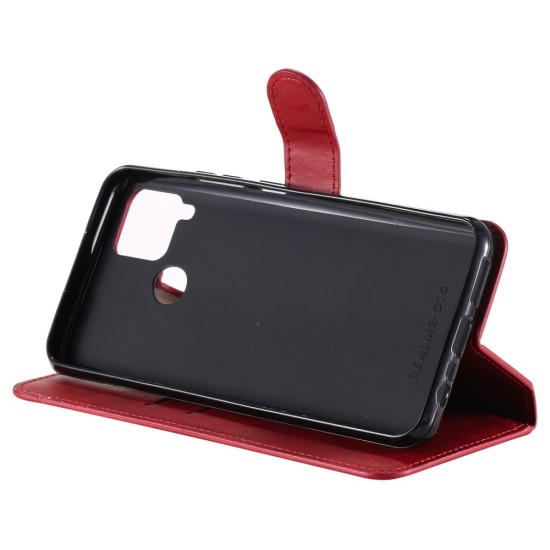 Classic Solid Color Wallet Leather Book Case priekš Realme C15 - Sarkans - sāniski atverams maciņš ar magnētu un stendu