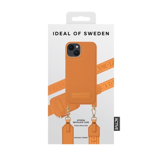 iDeal of Sweden Athena Necklace AS22 Back Case priekš Apple iPhone 14 - Orange Sorbet - mākslīgās ādas aizmugures apvalks ar siksniņu un Airpods somiņu / bampers-vāciņš