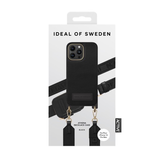 iDeal of Sweden Athena Necklace AS22 Back Case priekš Apple iPhone 14 Pro Max - Black - mākslīgās ādas aizmugures apvalks ar siksniņu un Airpods somiņu / bampers-vāciņš