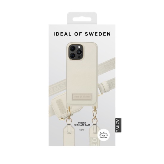 iDeal of Sweden Athena Necklace AS22 Back Case priekš Apple iPhone 14 Pro Max - Ecru - mākslīgās ādas aizmugures apvalks ar siksniņu un Airpods somiņu / bampers-vāciņš