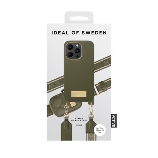 iDeal of Sweden Athena Necklace AG22 Back Case priekš Apple iPhone 14 Pro - Khaki - mākslīgās ādas aizmugures apvalks ar siksniņu un Airpods somiņu / bampers-vāciņš